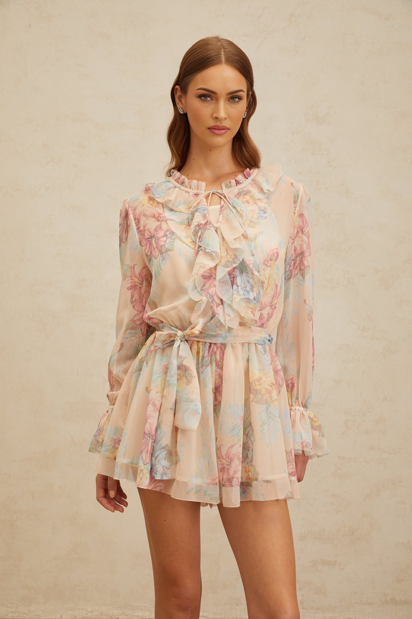 Neutrals Multicolor Floral Print Chiffon Dress with Frilled Neck and Flared Cuffs