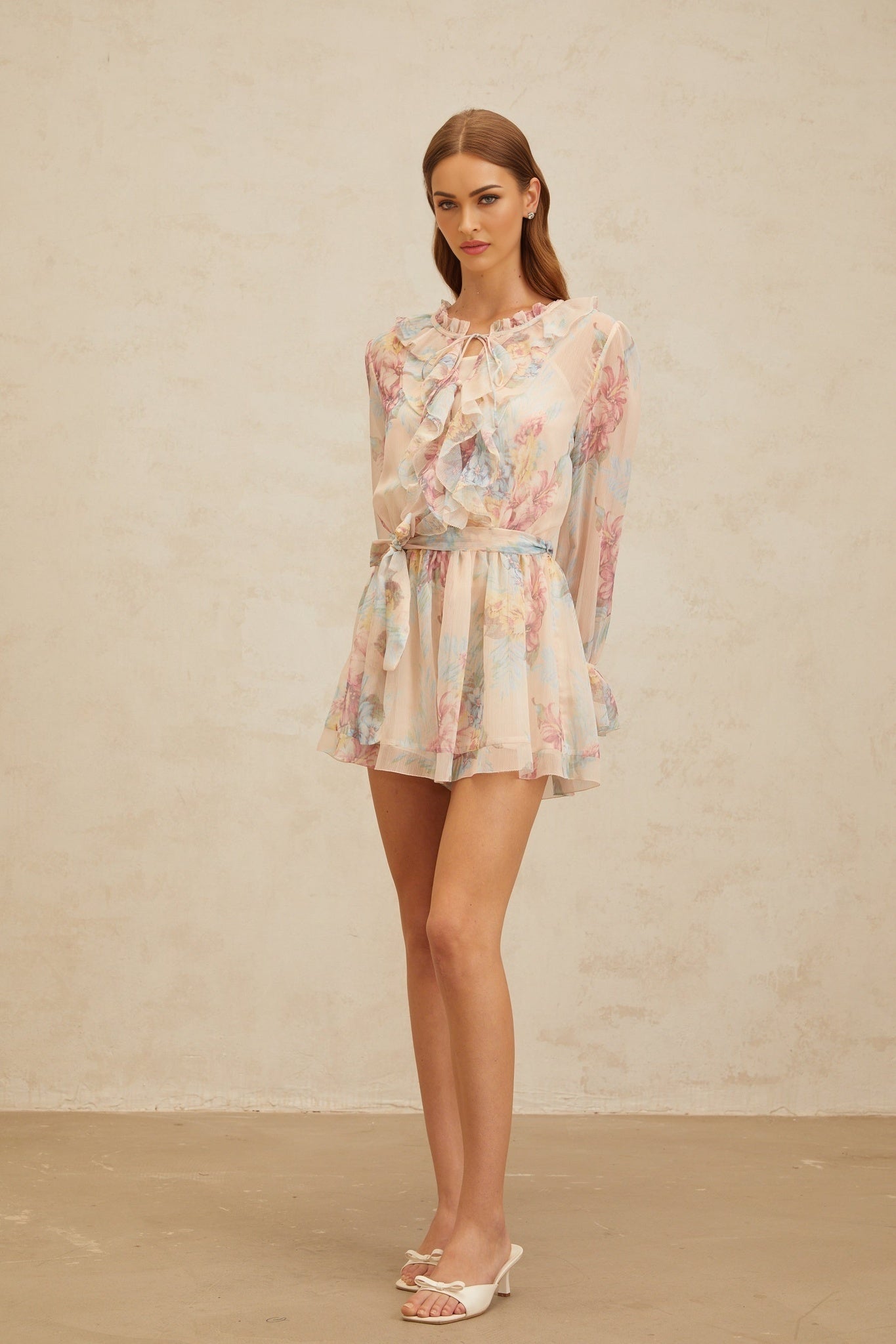 Neutrals Multicolor Floral Print Chiffon Dress with Frilled Neck and Flared Cuffs