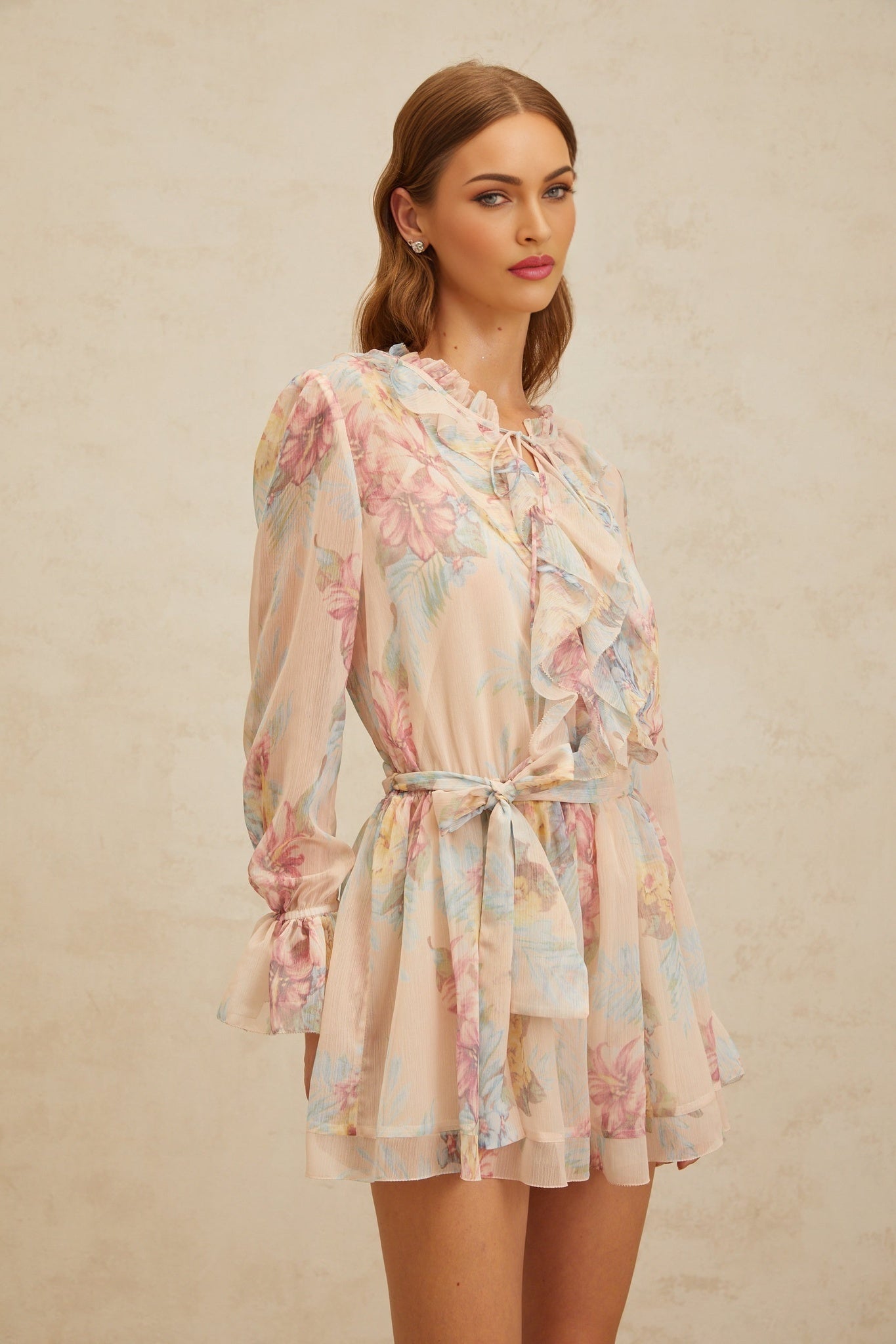 Neutrals Multicolor Floral Print Chiffon Dress with Frilled Neck and Flared Cuffs