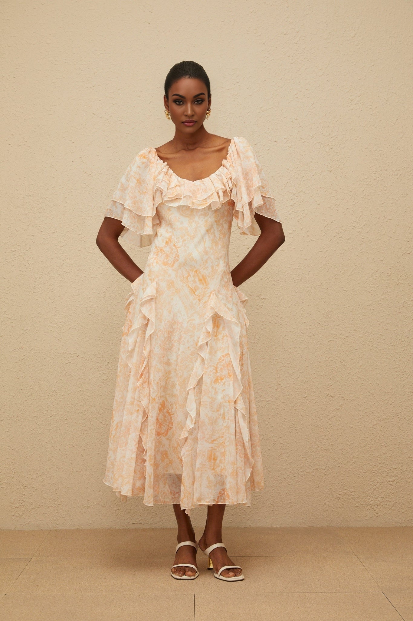 Neutrals Multicolor Floral Print Midi Dress with Ruffled Detailing and Shirred Effect