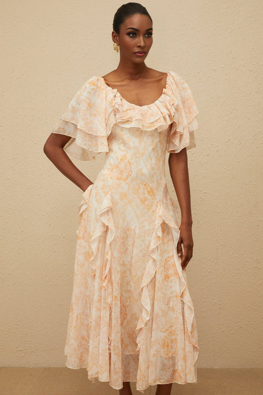 Neutrals Multicolor Floral Print Midi Dress with Ruffled Detailing and Shirred Effect
