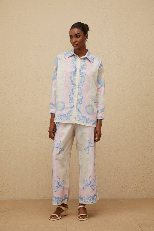 Neutrals Multicolor Hemp Shirt and Trousers Set with Graphic Print