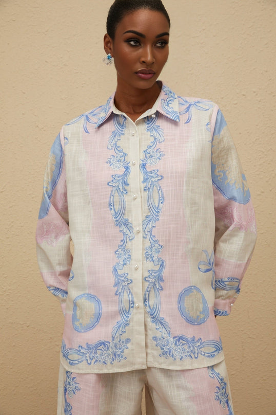 Neutrals Multicolor Hemp Shirt and Trousers Set with Graphic Print and Buttoned Cuffs