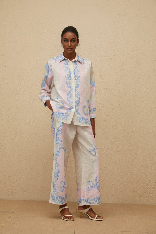 Neutrals Multicolor Hemp Shirt and Trousers Set with Graphic Print