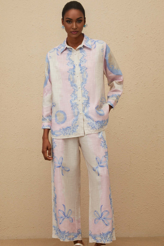 Neutrals Multicolor Hemp Shirt and Trousers Set with Graphic Print