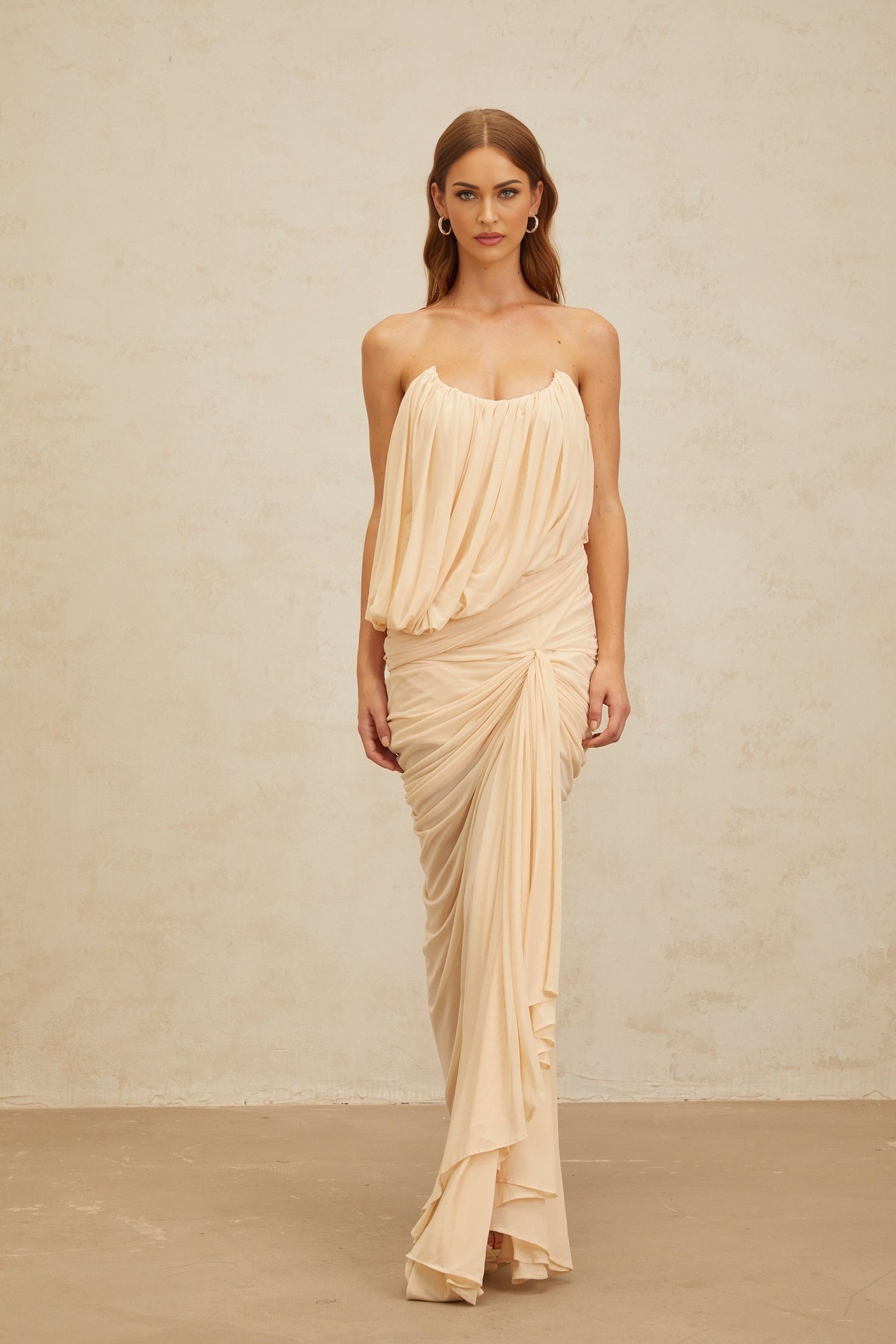 Neutrals off the shoulder sleeveless maxi dress with ruched and draped detailing