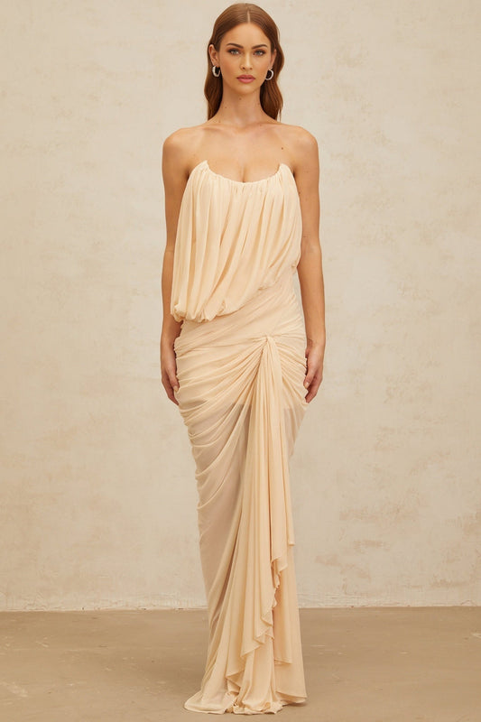 Neutrals off the shoulder sleeveless maxi dress with ruched and draped detailing