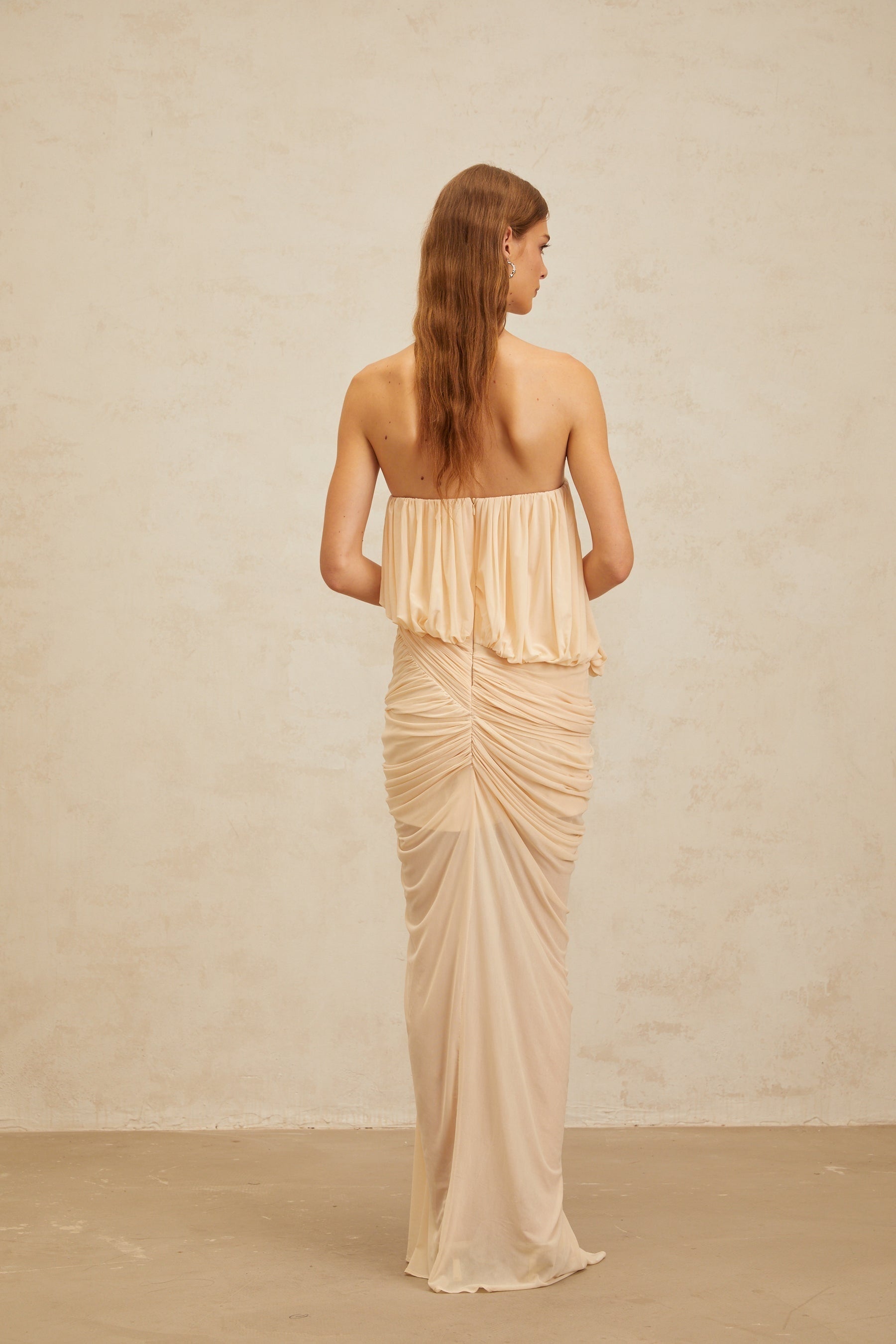 Neutrals off the shoulder sleeveless maxi dress with ruched and draped detailing