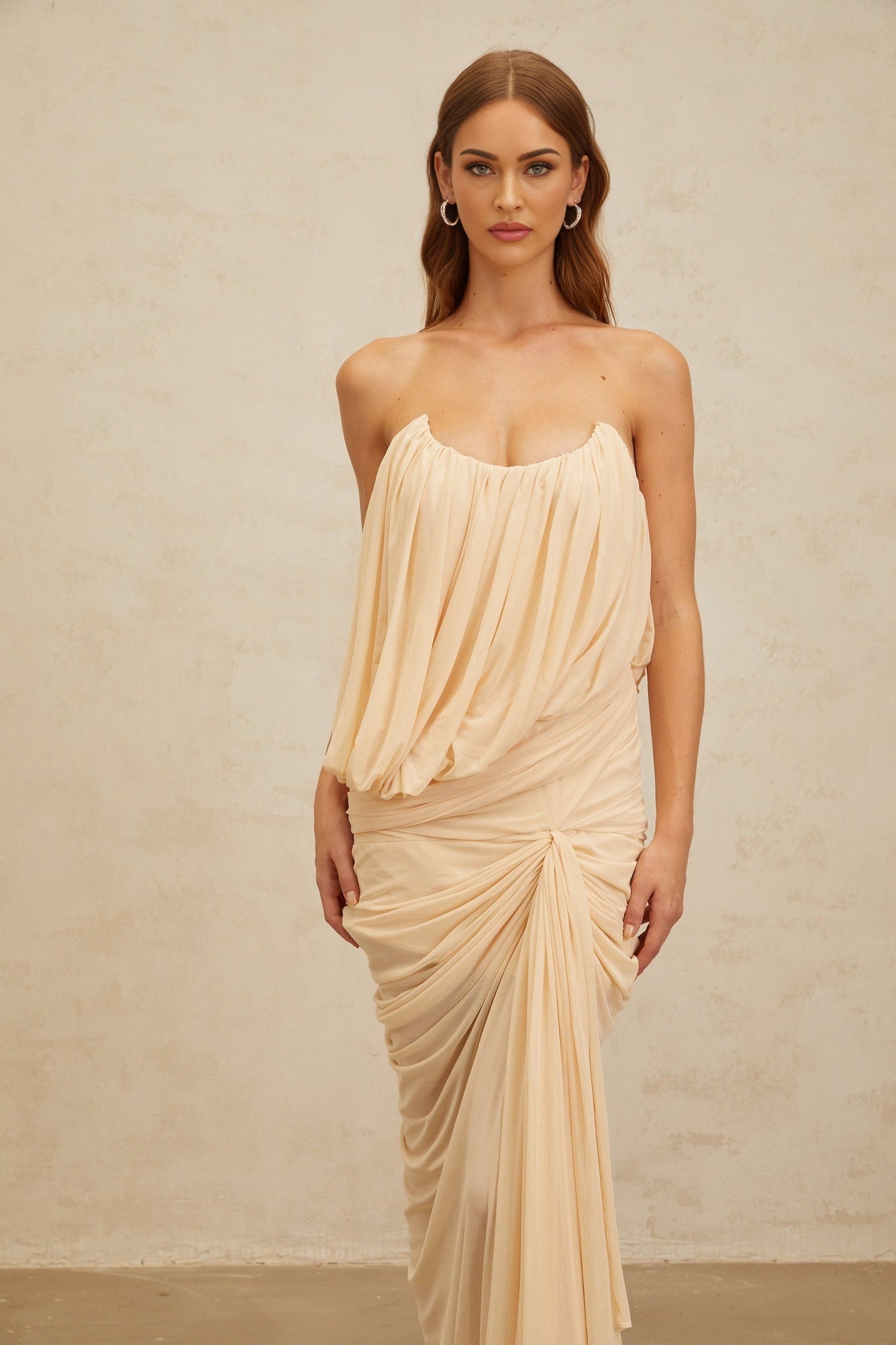 Neutrals off the shoulder sleeveless maxi dress with ruched and draped detailing