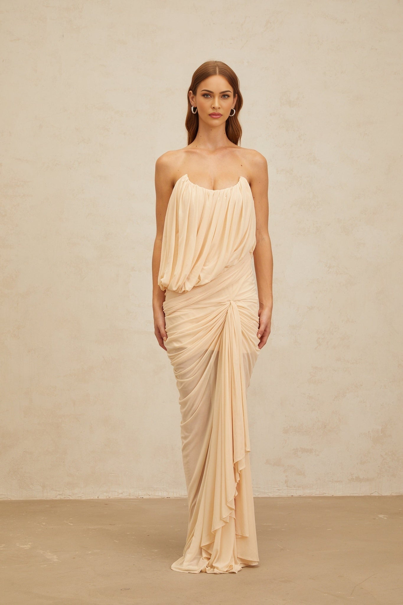 Neutrals off the shoulder sleeveless maxi dress with ruched and draped detailing