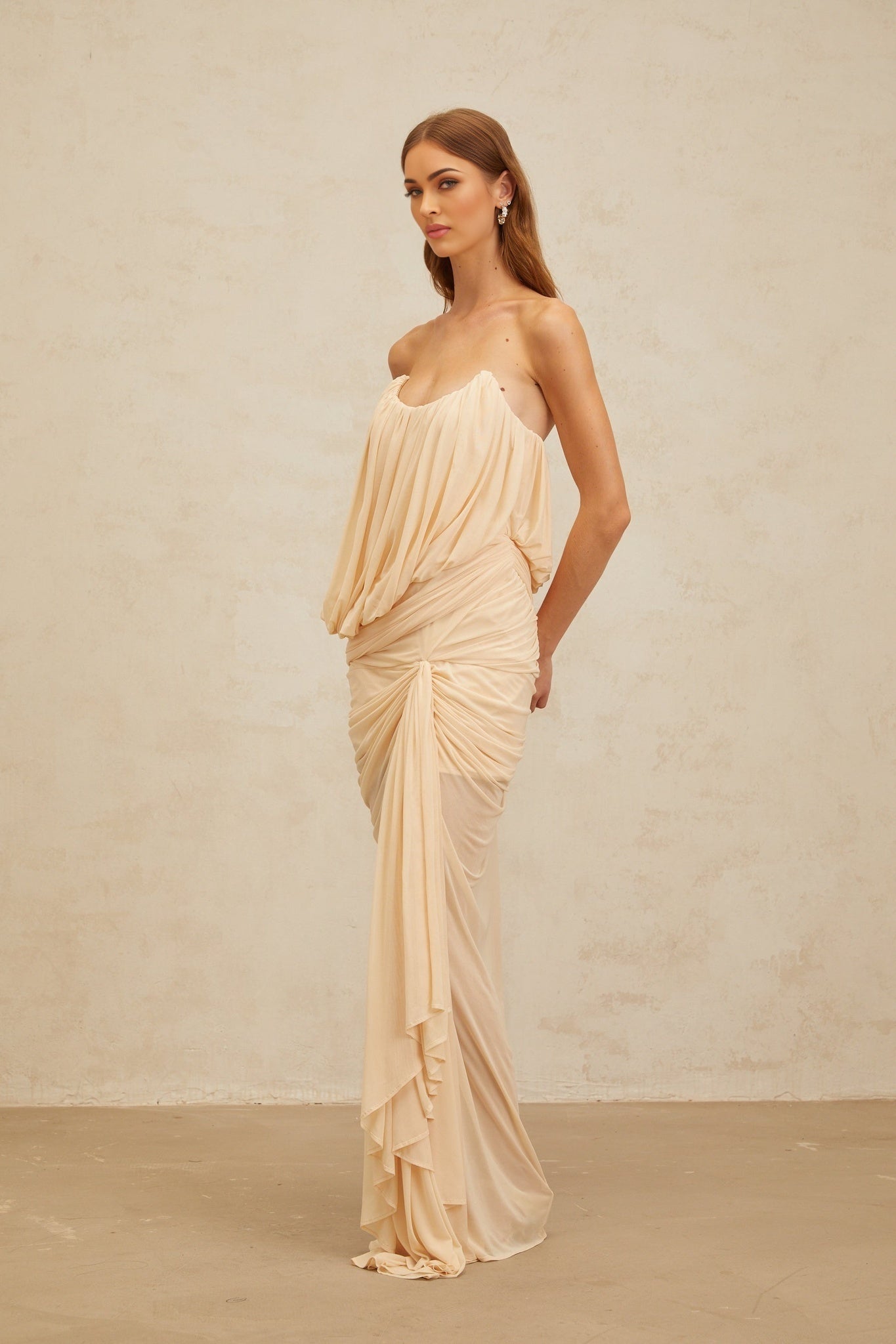 Neutrals off the shoulder sleeveless maxi dress with ruched and draped detailing