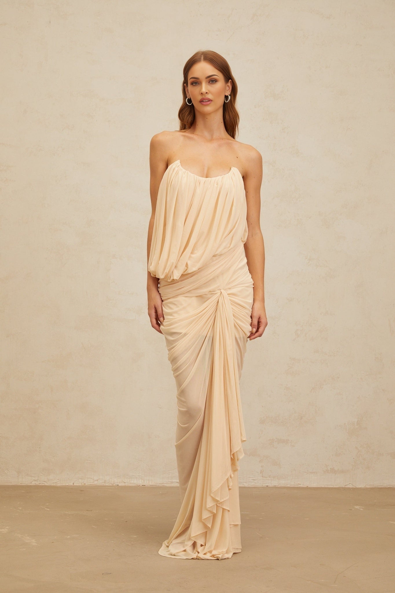 Neutrals off the shoulder sleeveless maxi dress with ruched and draped detailing