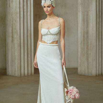 Neutrals Prunelle Crochet Knit Two-Piece Top and Skirt Set