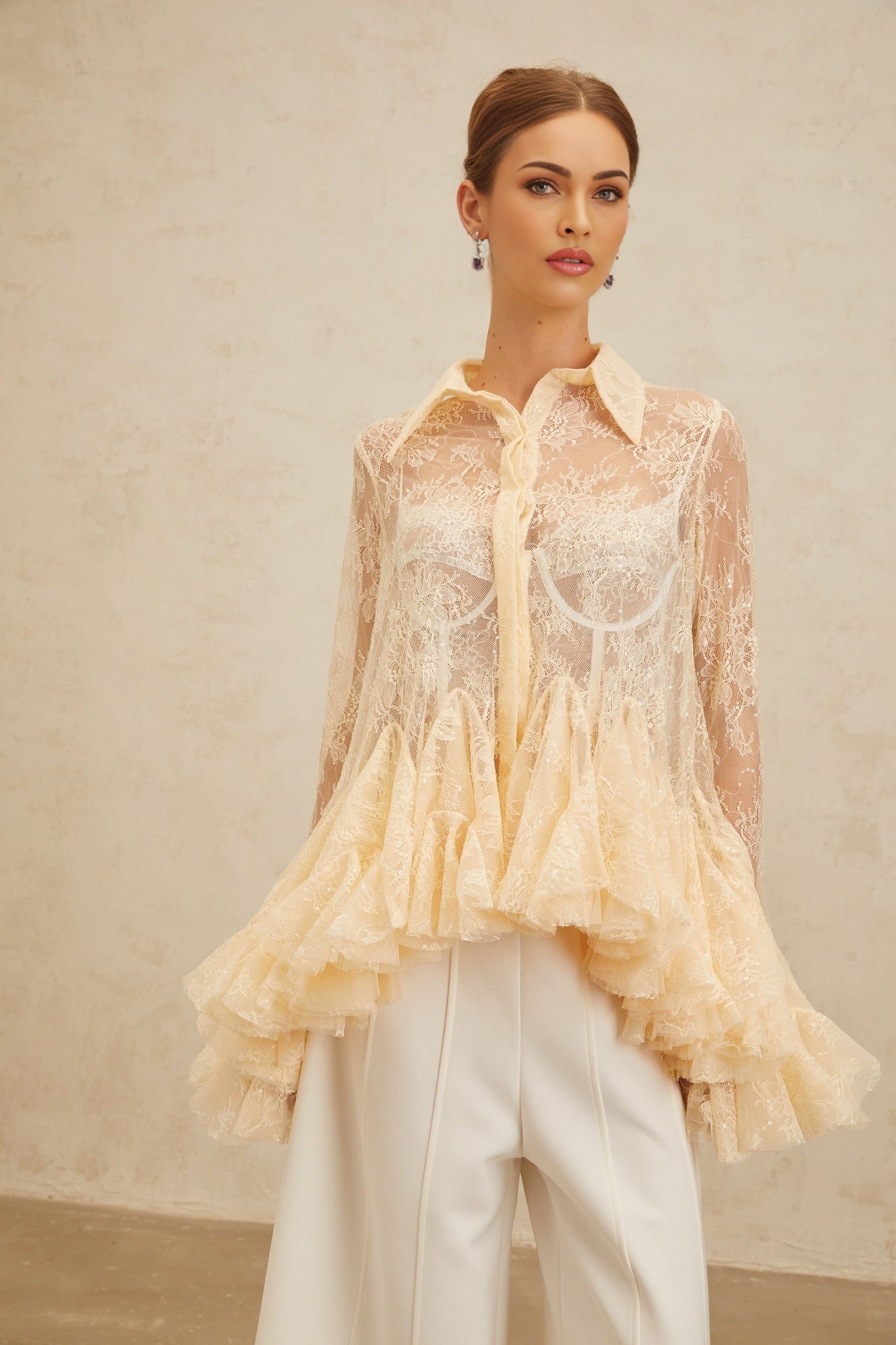 Neutrals semi-sheer floral lace blouse with ruffled detailing and sequin embellishment