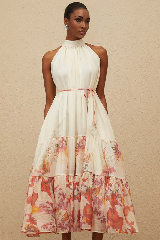 Neutrals sleeveless floral print midi dress with tied waist and shirred effect