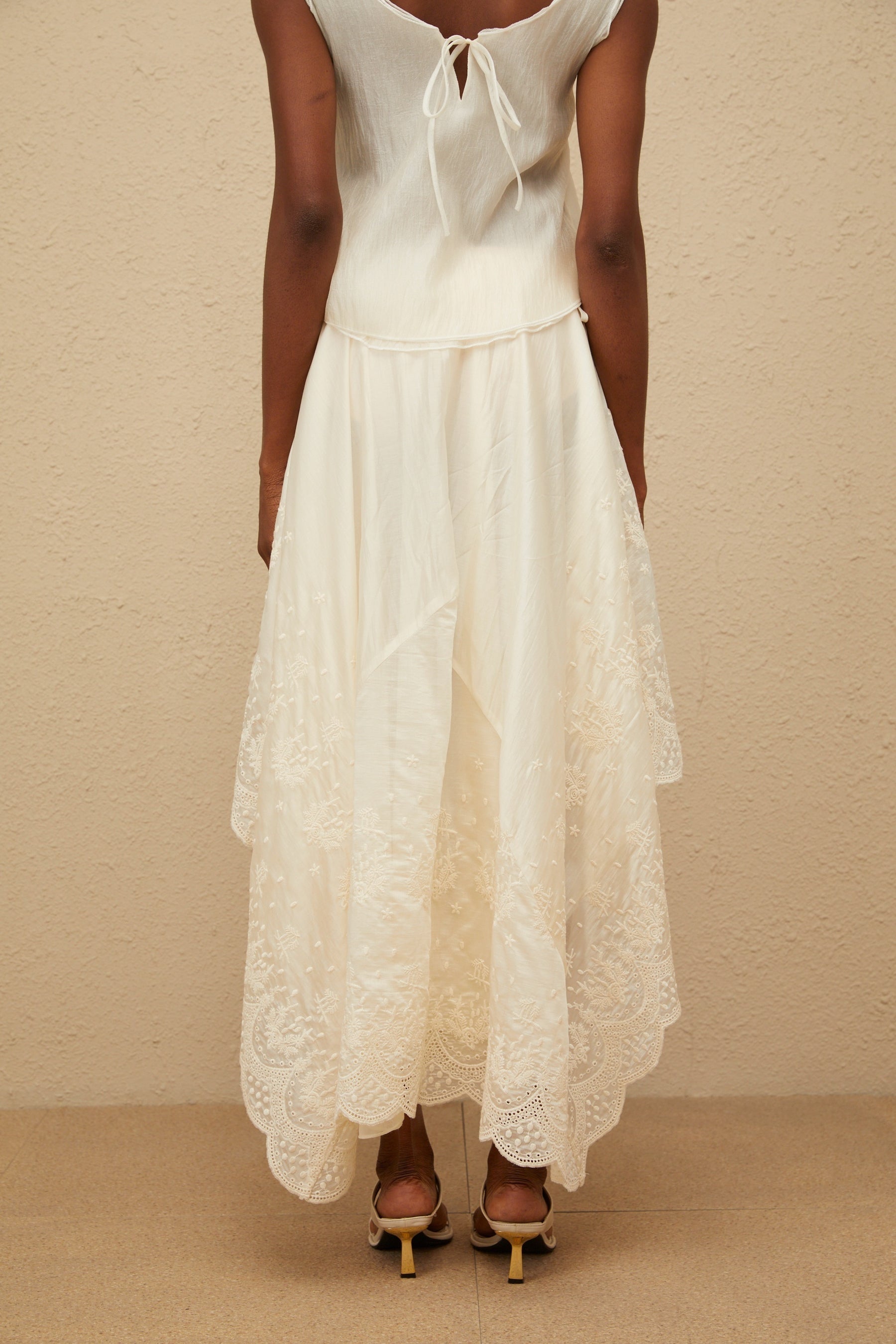 Neutrals Sleeveless Lace Trim Top and High Rise Asymmetrical Skirt Set in Tencel and Terylene