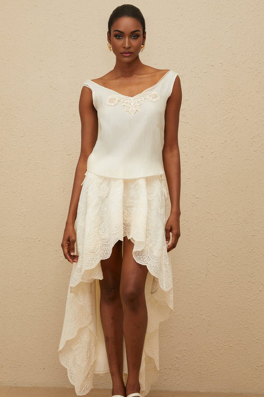 Neutrals Sleeveless Lace Trim Top and High Rise Lace Trim Skirt Set