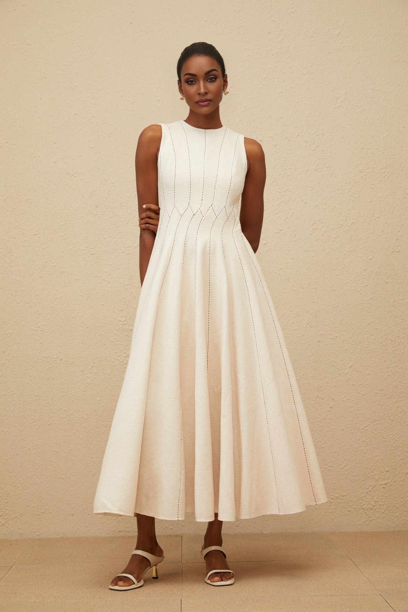 Neutrals Sleeveless Midi Dress with Textured Finish and Shirred Effect