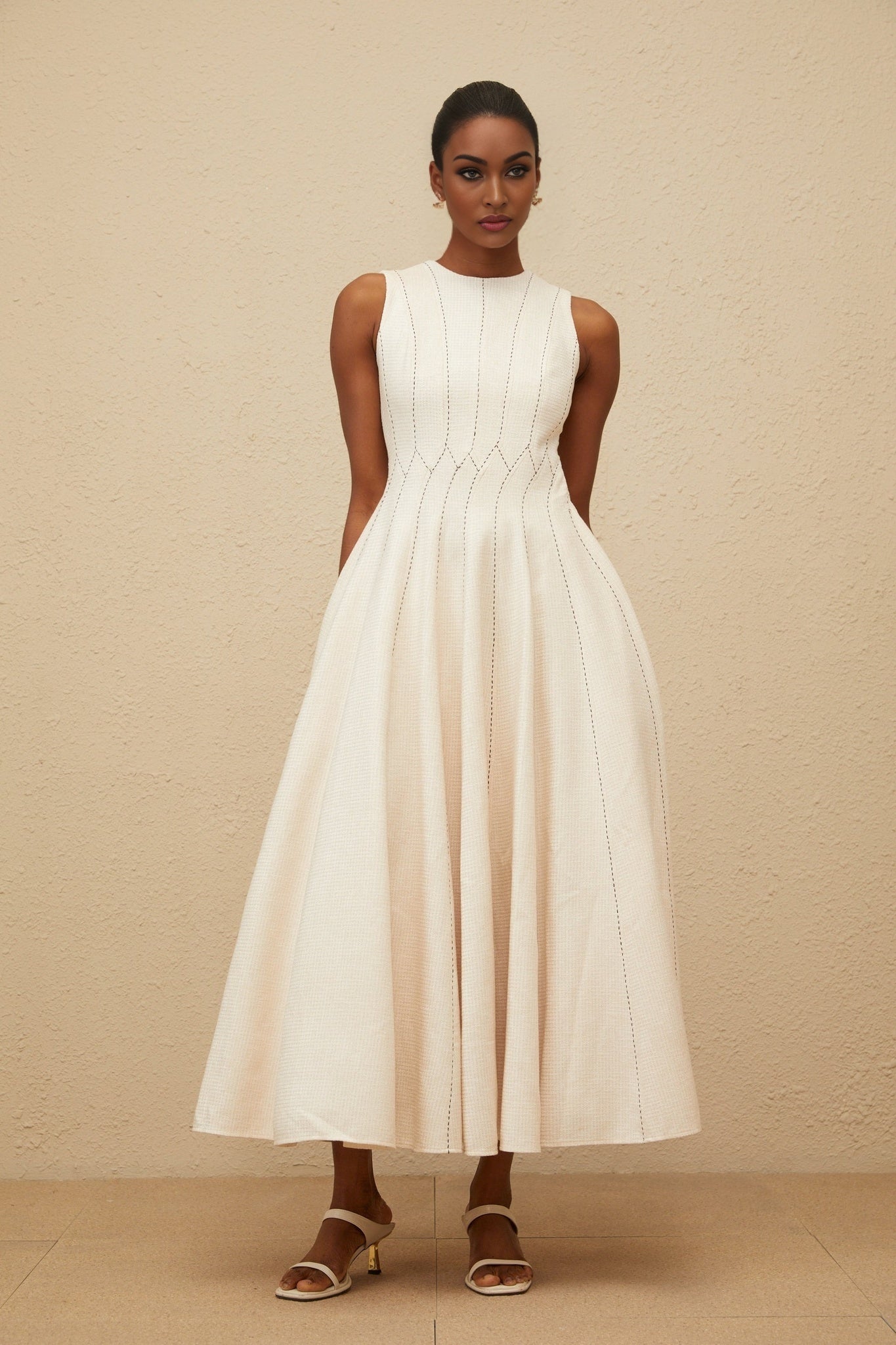 Neutrals Sleeveless Midi Dress with Textured Finish and Shirred Effect