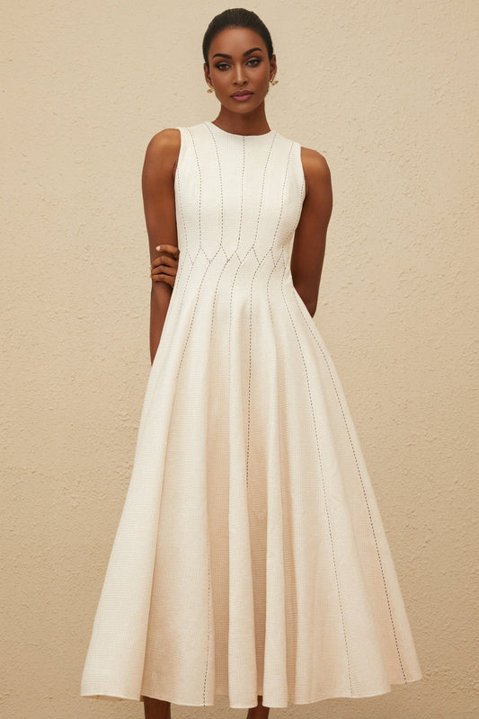 Neutrals Sleeveless Midi Dress with Textured Finish and Shirred Effect
