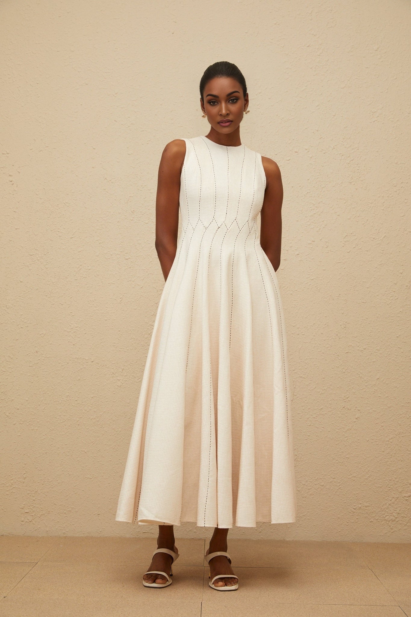Neutrals Sleeveless Round Neck Midi Dress with Textured Finish and Shirred Effect