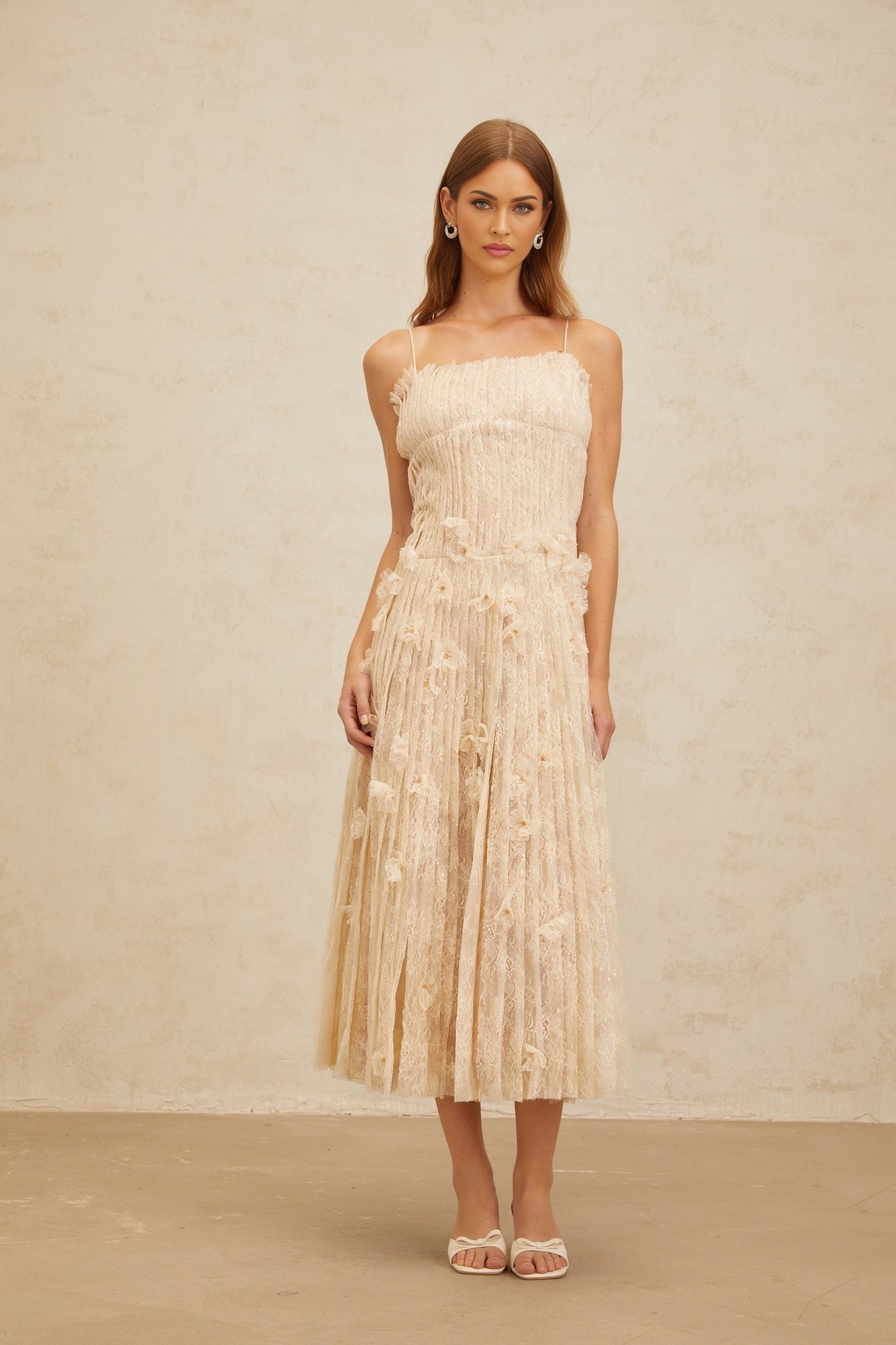 Neutrals square neck pleated dress with bead and sequin embellishment in floral lace