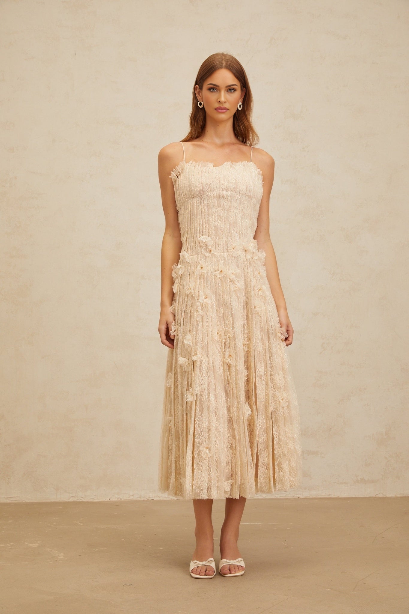 Neutrals Square Neck Spaghetti Straps Sleeveless Pleated Bead Sequin Floral Lace Midi Dress