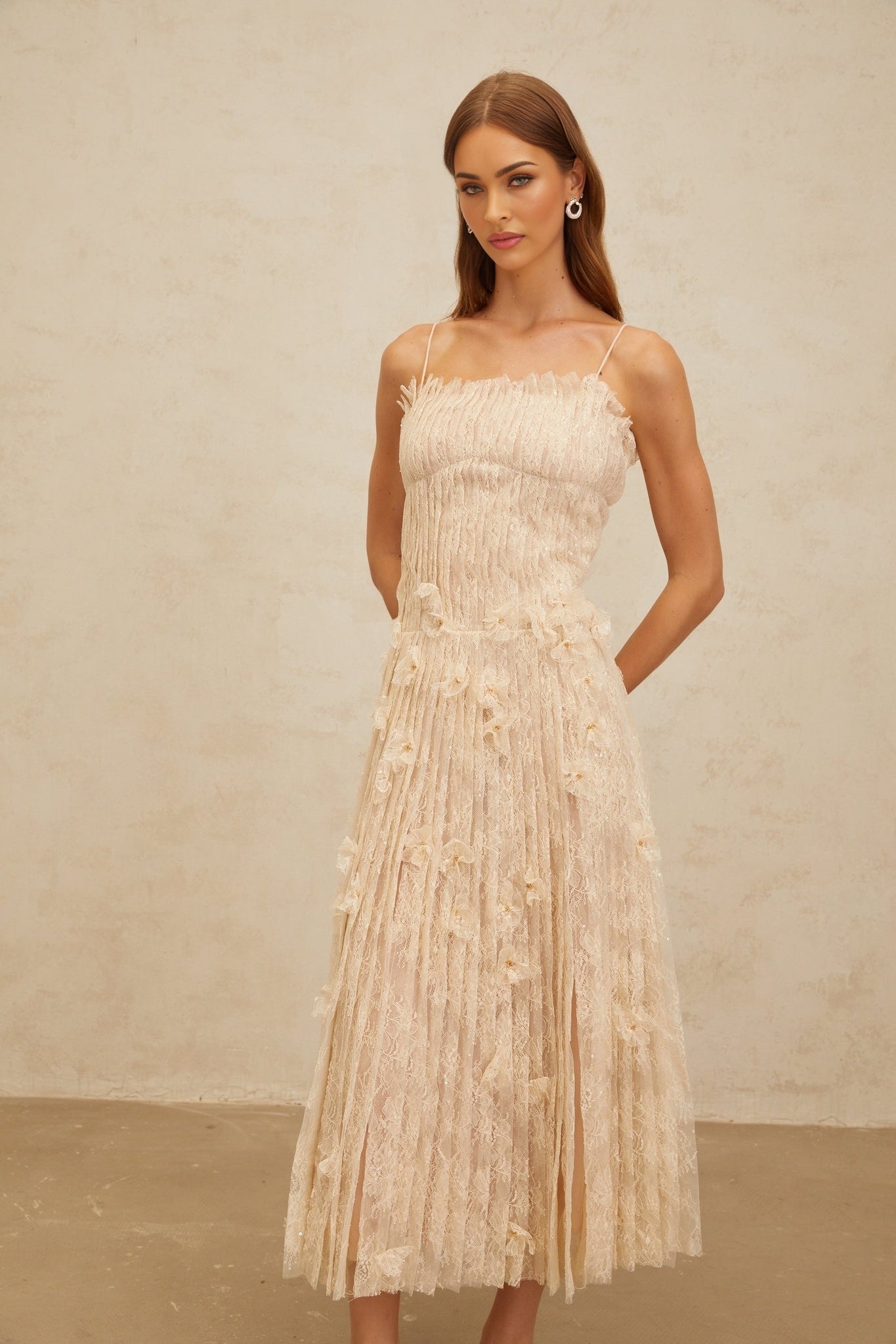 Neutrals Square Neck Spaghetti Straps Sleeveless Pleated Dress with Bead and Sequin Embellishment Floral Lace Midi Length Rear Zip Fastening
