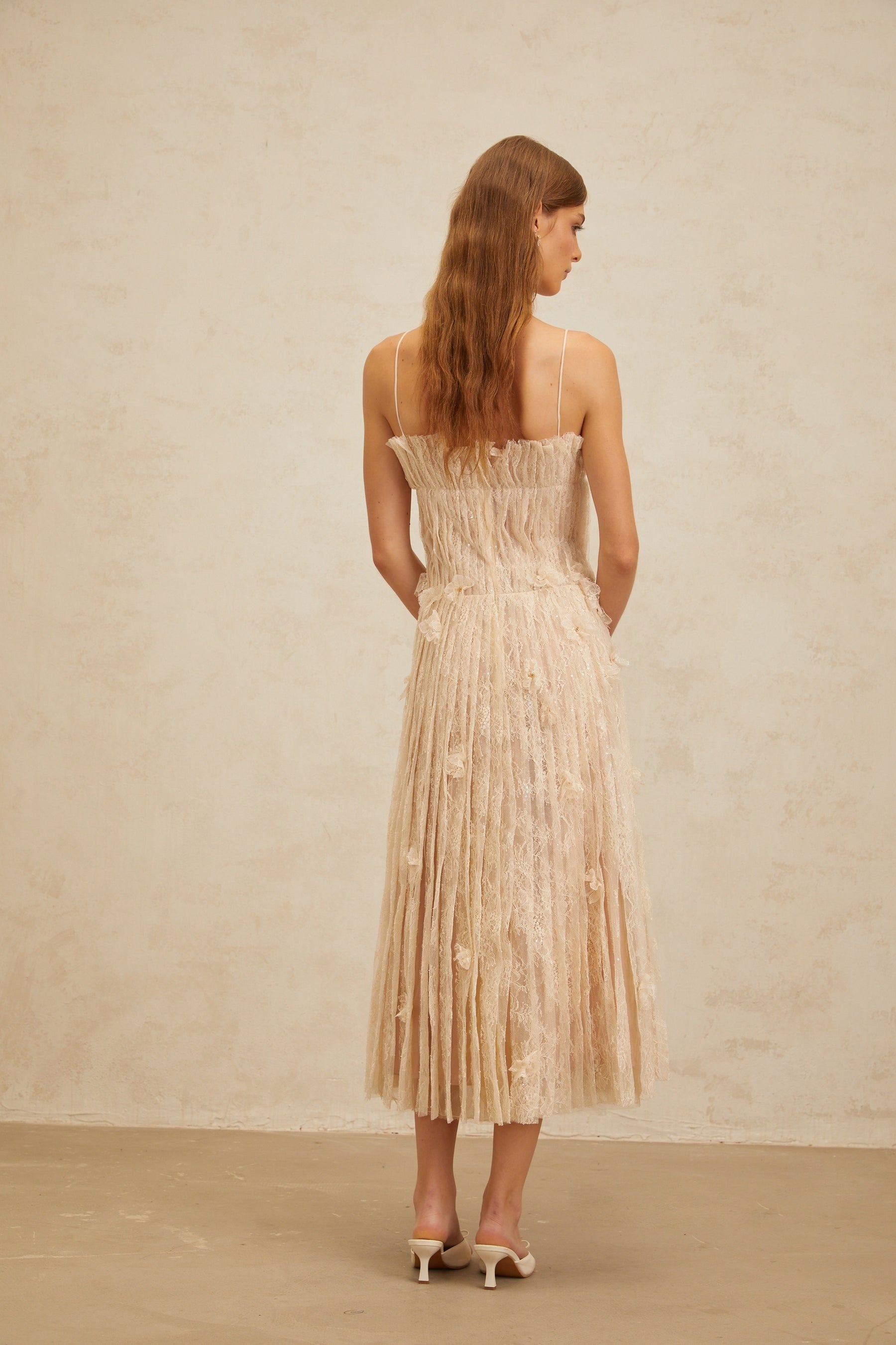 Neutrals Square Neck Spaghetti Straps Sleeveless Pleated Dress with Bead and Sequin Embellishment