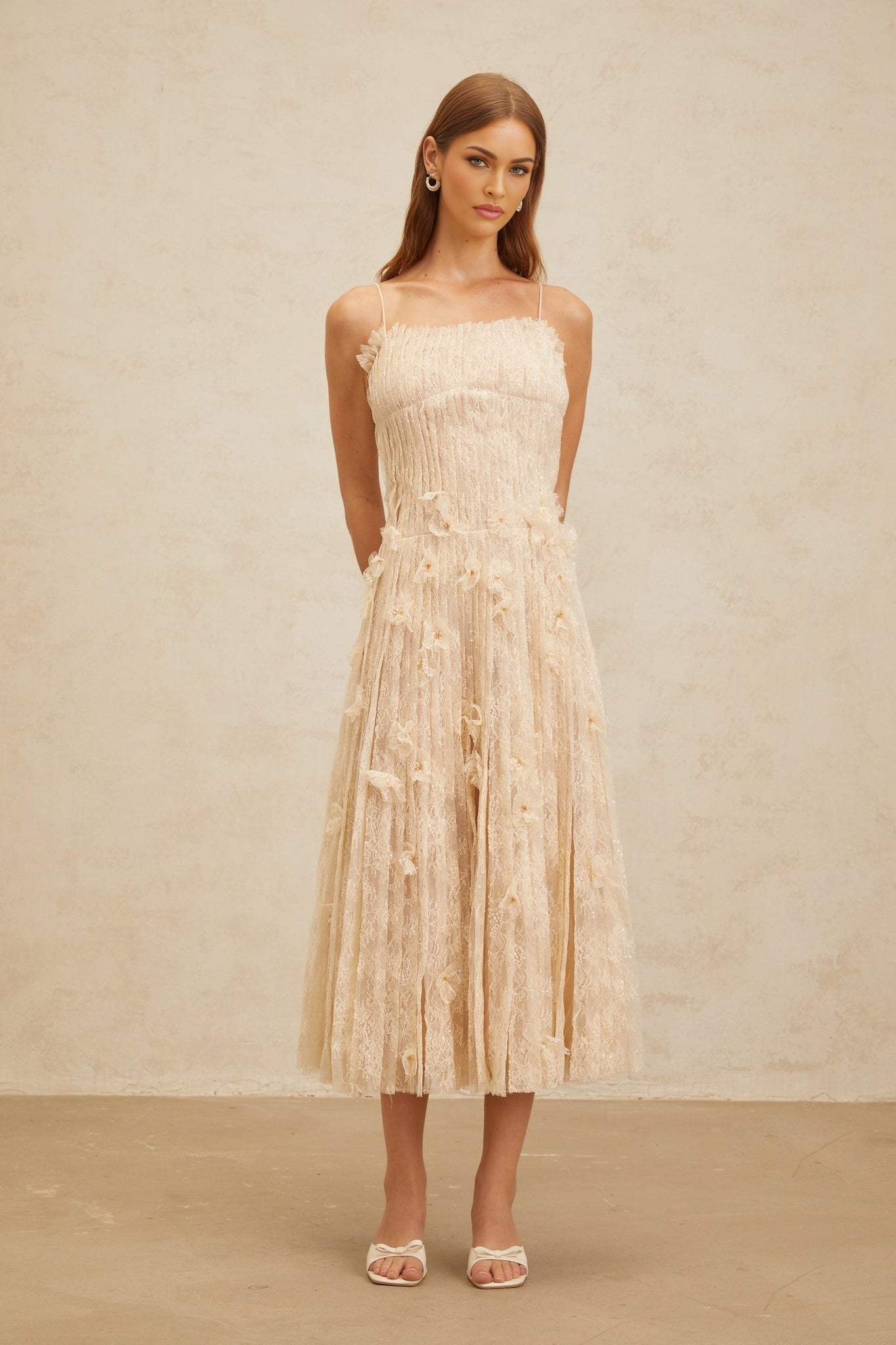 Neutrals Square Neck Spaghetti Straps Sleeveless Pleated Dress with Bead and Sequin Embellishment and Floral Lace
