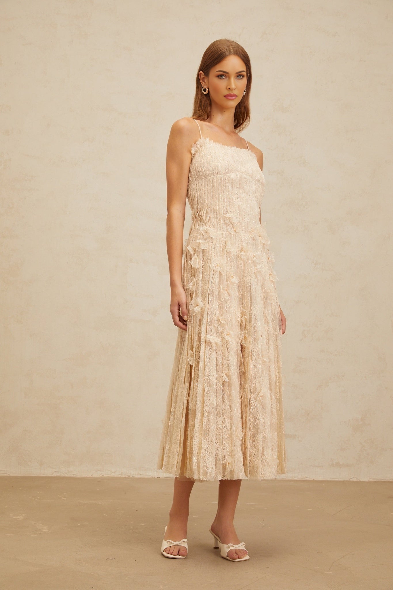 Neutrals Square Neck Spaghetti Straps Sleeveless Pleated Midi Dress with Bead and Sequin Embellishment and Floral Lace