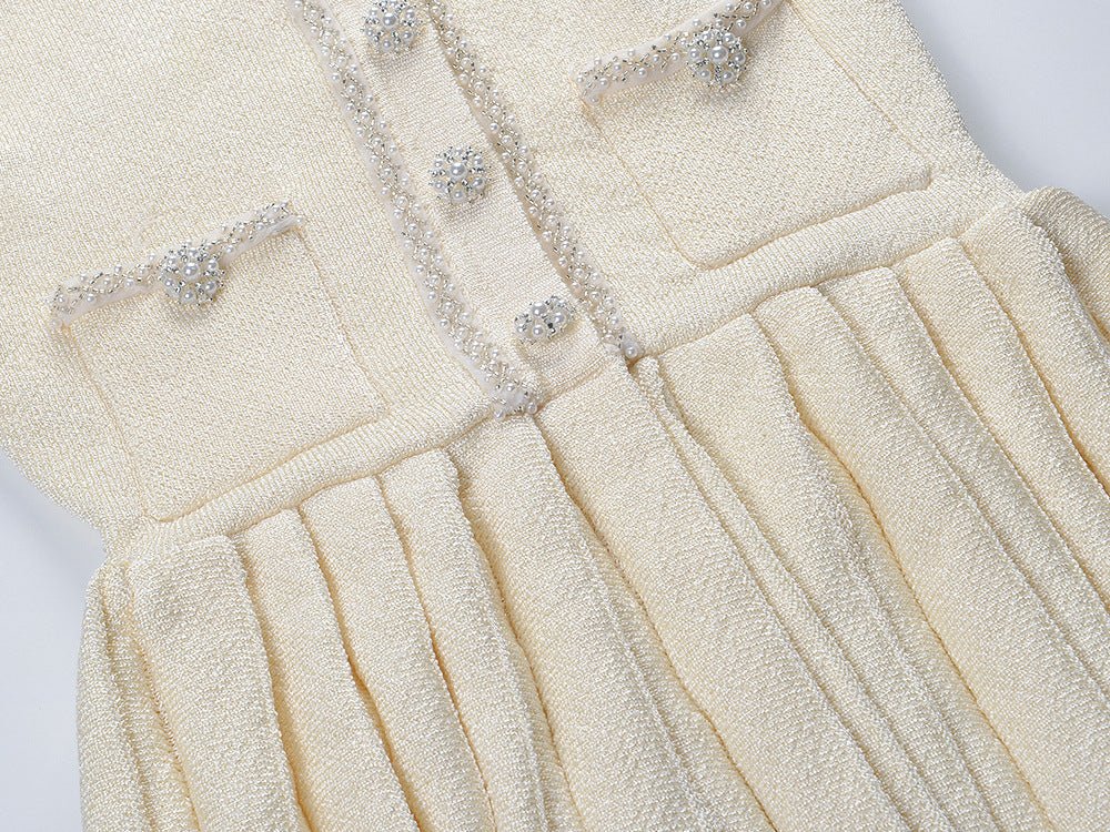 Neutrals tweed dress with crystal-embellished buttons and bow detail