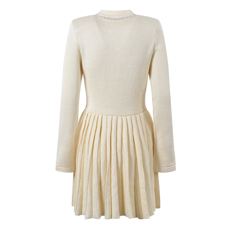 Neutrals tweed dress with crystal-embellished buttons and bow detail