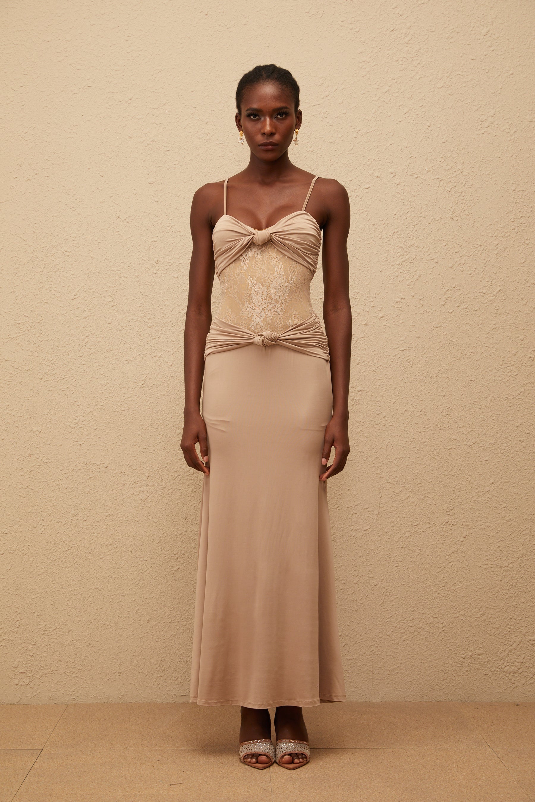 Nevaeh Khaki Twisted Lace Panel Maxi Dress
