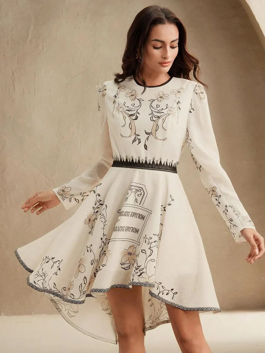 New Arrival Spring amp Summer Vacation Style Floral Vine English Letter Print Lace Panel Cinched