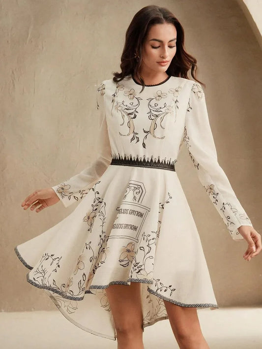 New Arrival Spring amp Summer Vacation Style Floral Vine English Letter Print Lace Panel Cinched