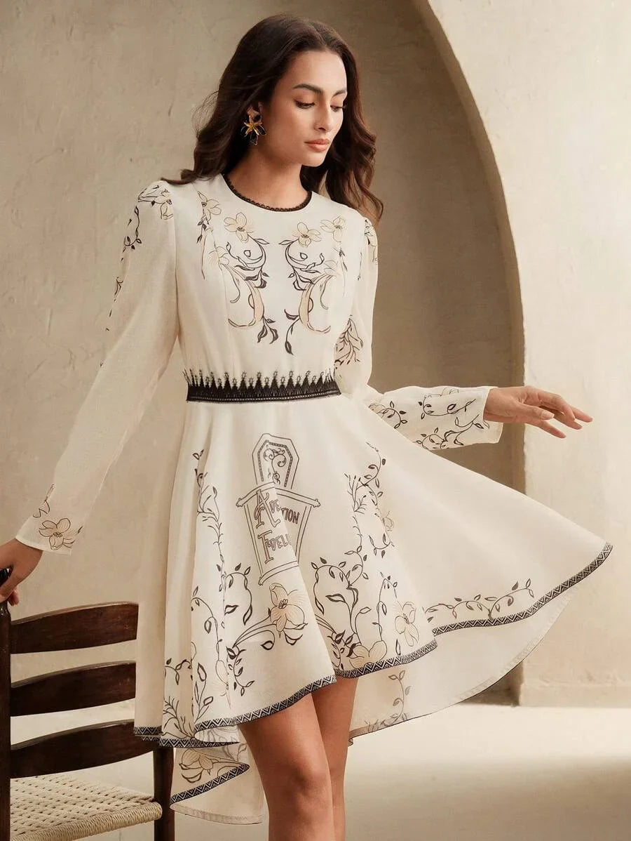 New Arrival Spring amp Summer Vacation Style Floral Vine English Letter Print Lace Panel Cinched