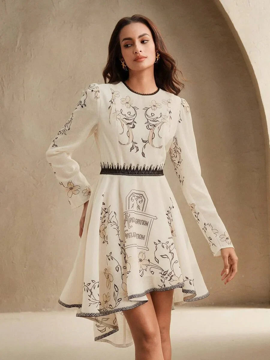 New Arrival Spring amp Summer Vacation Style Floral Vine English Letter Print Lace Panel Cinched