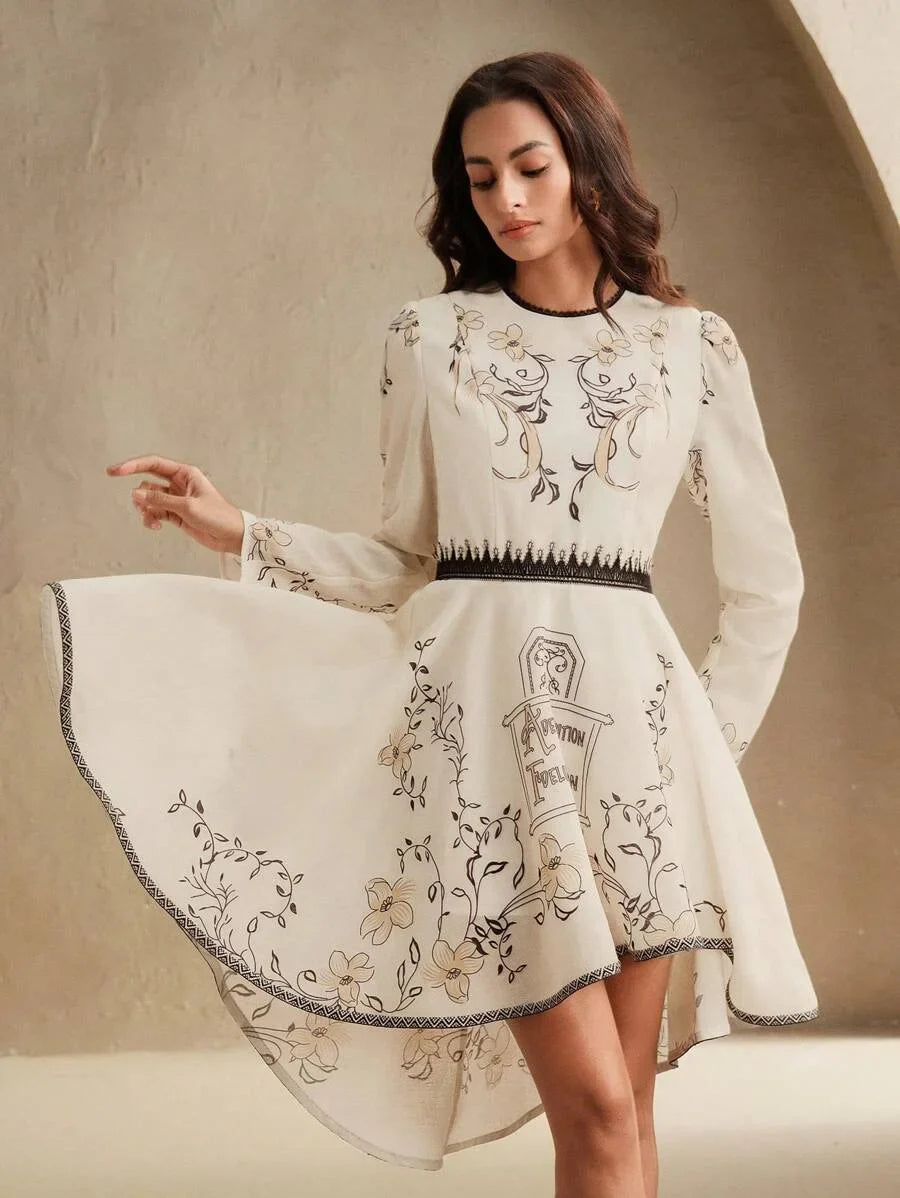 New Arrival Spring amp Summer Vacation Style Floral Vine English Letter Print Lace Panel Cinched