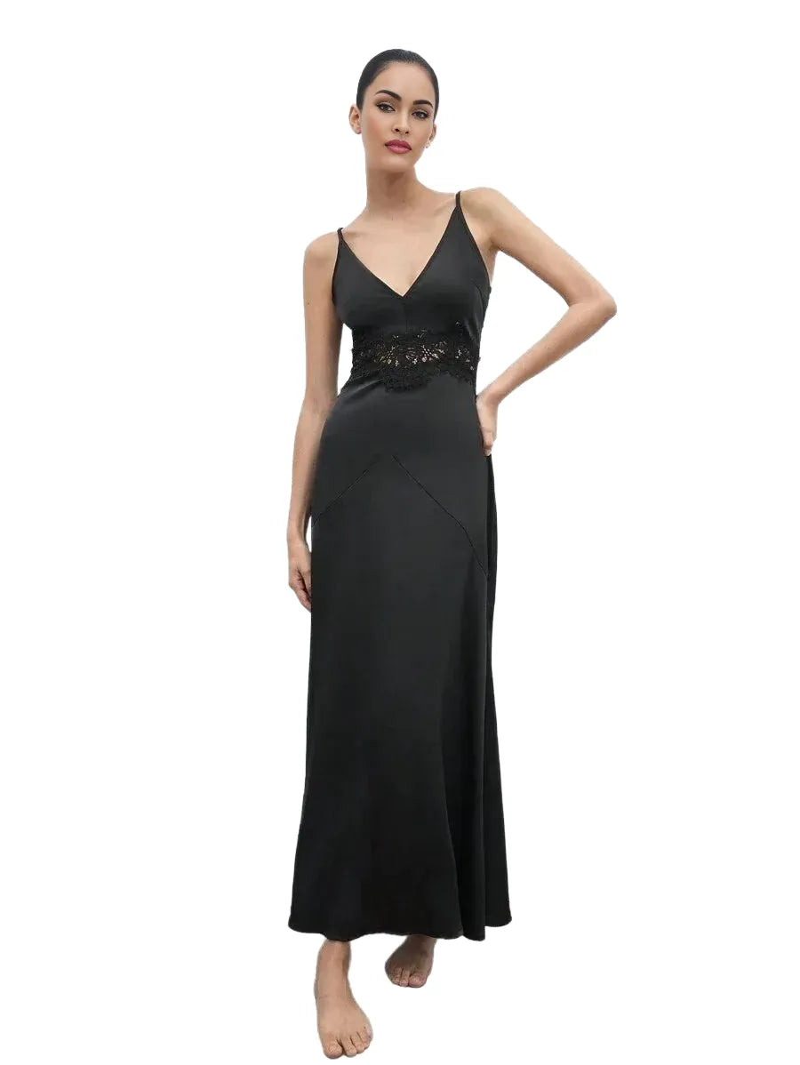New AutumnWinter Black Woven Satin Lace Panel Sleeveless Spaghetti Strap Urban Chic Elegant Casual