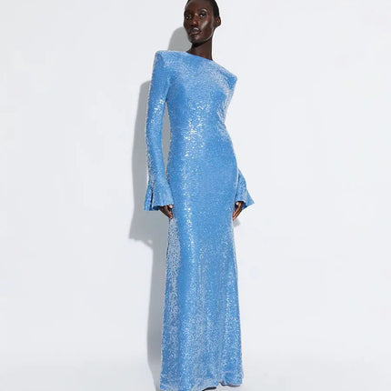 Sara wearing New Blue Dream Dress polyester A-line O-neckline butterfly sleeves zipper closure LAPOINTE solid-patterned masterpiece