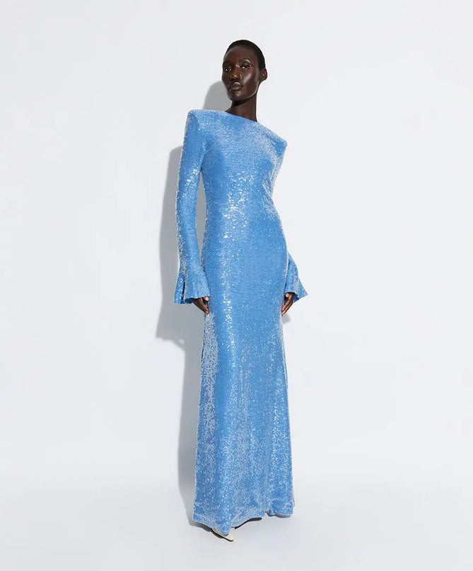 Sara wearing New Blue Dream Dress polyester A-line O-neckline butterfly sleeves zipper closure LAPOINTE solid-patterned masterpiece