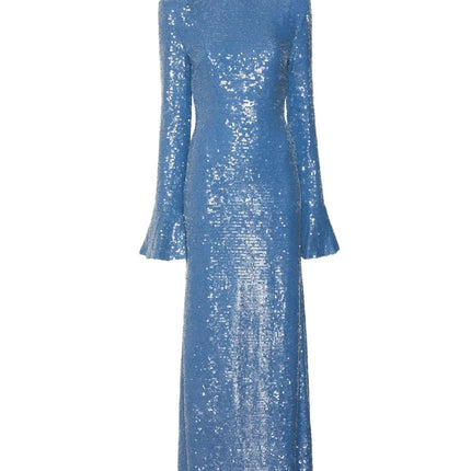 Sara wearing New Blue Dream Dress polyester A-line silhouette O-neckline butterfly sleeves zipper closure solid-patterned masterpiece LAPOINTE
