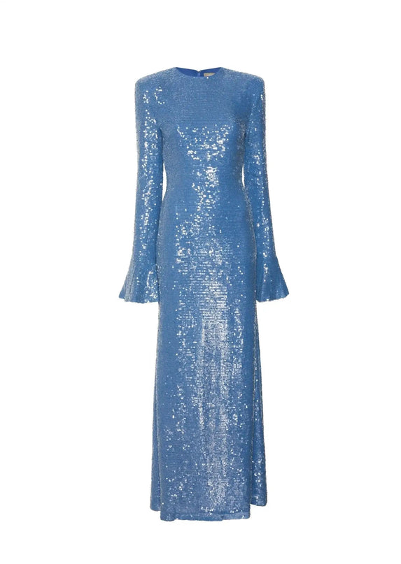 Sara wearing New Blue Dream Dress polyester A-line silhouette O-neckline butterfly sleeves zipper closure solid-patterned masterpiece LAPOINTE
