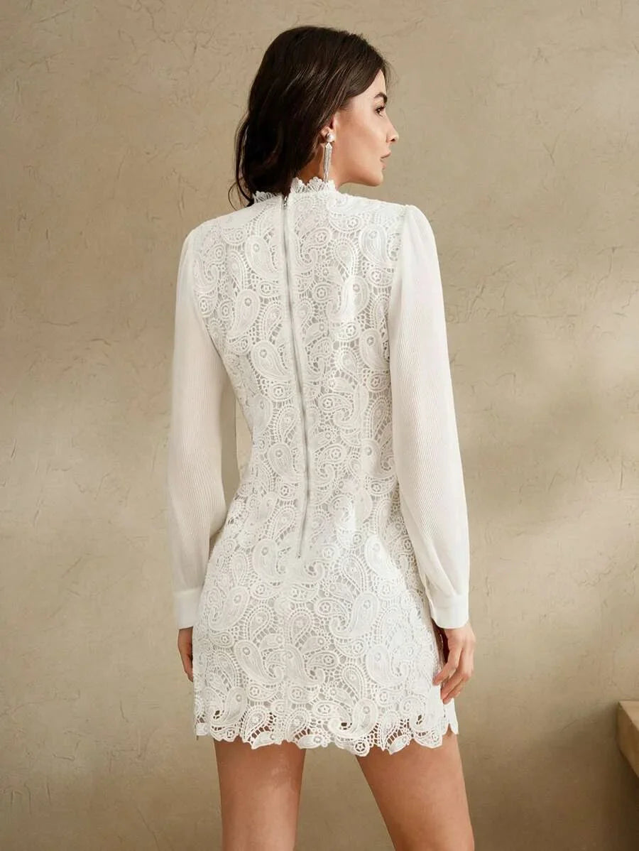 New Elegant White Lace Patchwork Chiffon Mini Dress Work Commute Festival Outfits