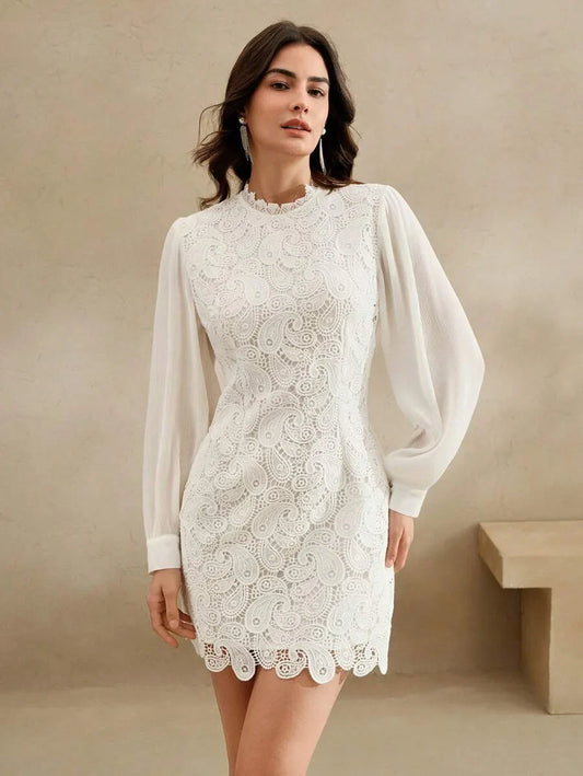 New Elegant White Lace Patchwork Chiffon Mini Dress Work Commute Festival Outfits