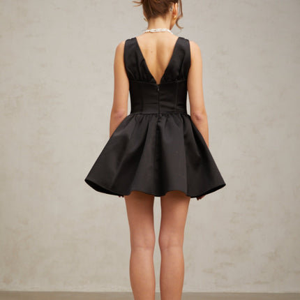 Nicole Black Silk Acetate Mini Dress with Bowknot Detail