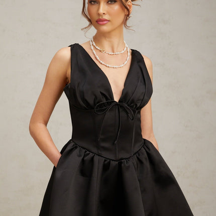 Nicole Black Silk Acetate Mini Dress with Bowknot Design and Flared Skirt