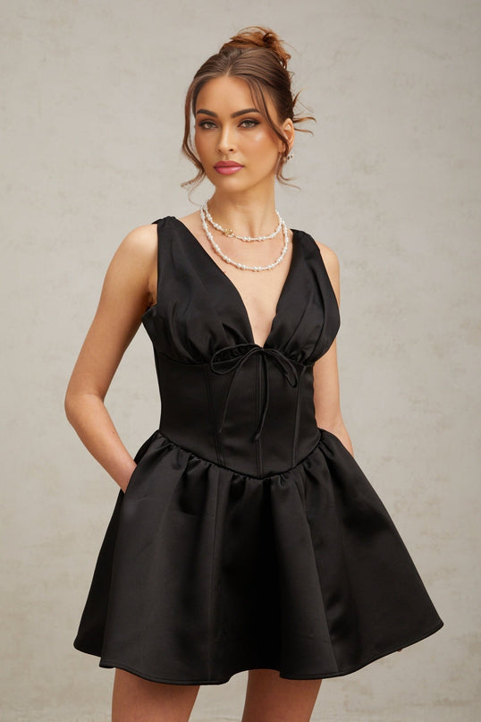 Nicole Black Silk Acetate Mini Dress with Bowknot Design and Flared Skirt