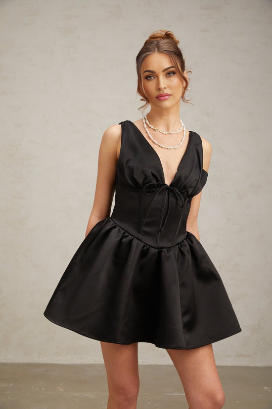 Nicole Black Silk Acetate Mini Dress with Bowknot Design and Flared Skirt